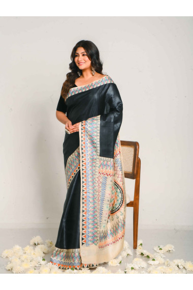 Madhubani Hand Paint Tussar Saree in Shades of Black - BSHP35